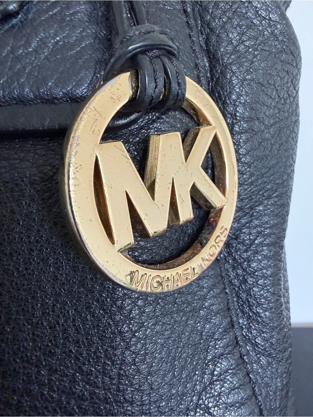 Michael Kors Black Pebbled Leather Tote Handbag Gold MK Medallion